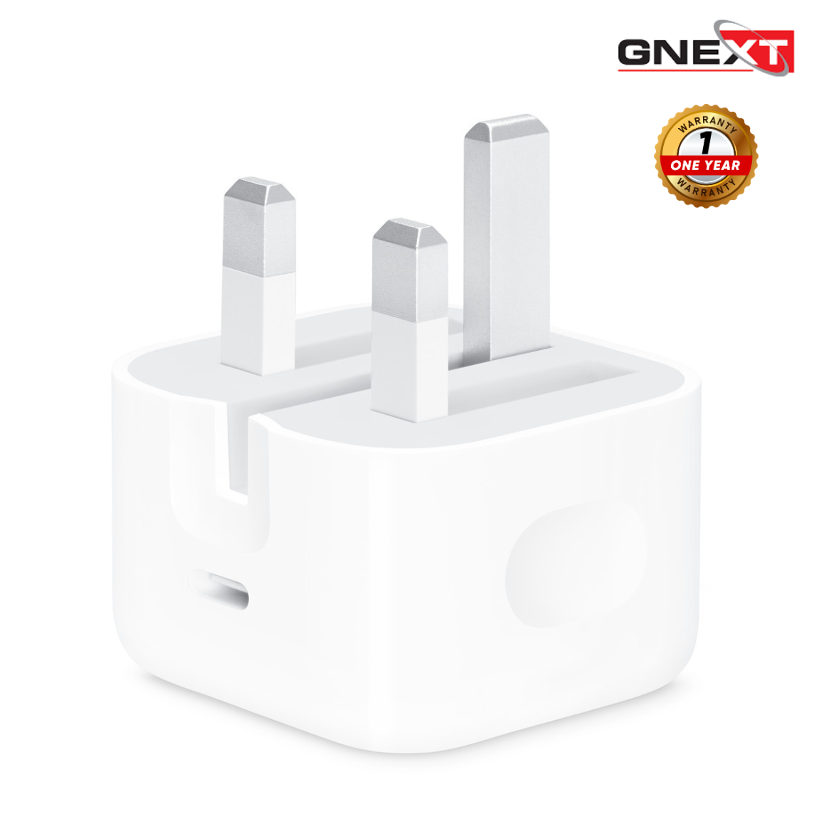 White wall adapter with GNEXT branding and one-year warranty badge on a white background

Apple 20w Original Adapter