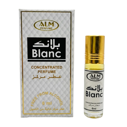 ALM Perfume Blanc concentrated perfume bottle with a gold cap next to its white and gold packaging box, on a light gray background.