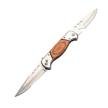 Switch Knife Double-Edged Tactical Folding Pocket Knife Stainless Steel Dual Blade with Wooden Inlay Handle