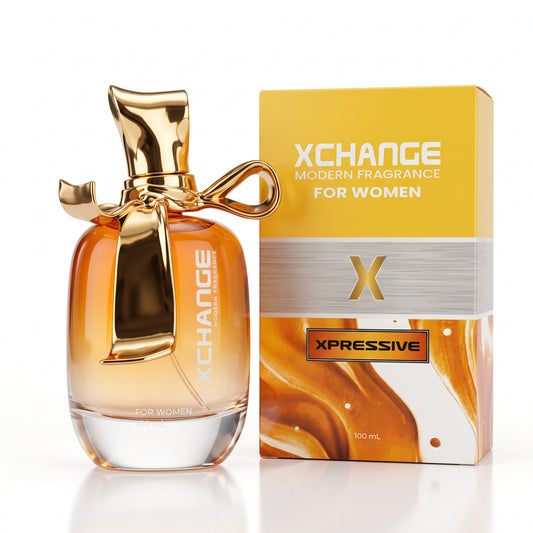 Xchange Modern Fragrance For Women Xpressive 100ml perfume bottle with a gold bow next to its yellow and orange packaging box.