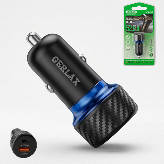 Car charger with carbon fiber design and packaging on a white background