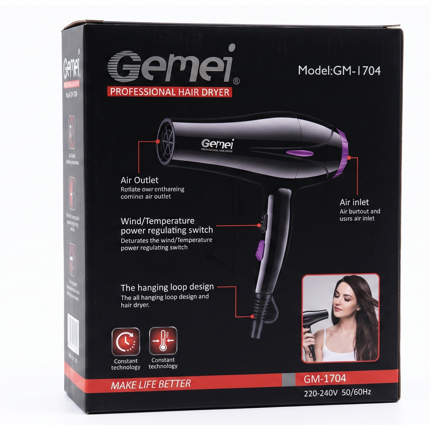 Gemei GM-1704 professional hair dryer retail packaging box, featuring a black box with product illustrations, feature callouts, and a small inset photo of a woman holding the hair dryer.