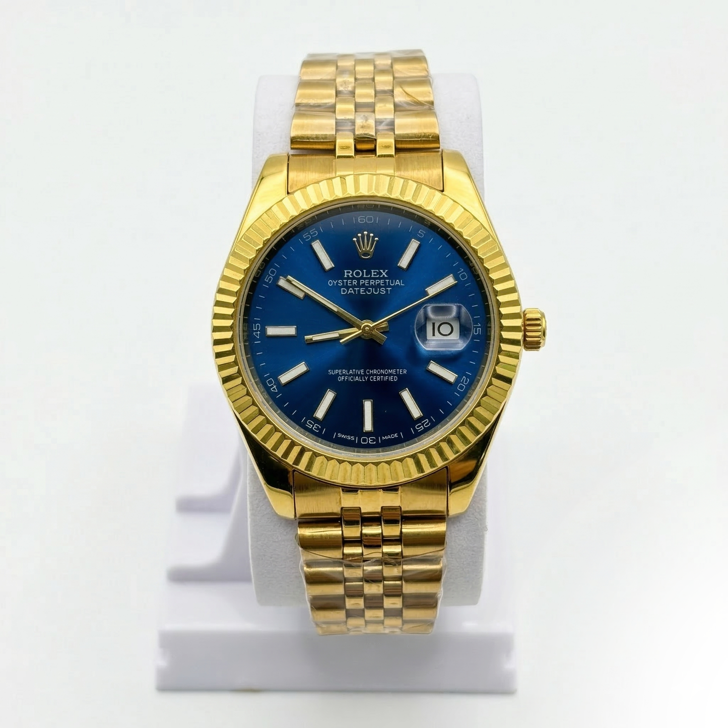 Luxury Gold Tone Date Display Watch Fluted Bezel Jubilee Style Bracelet Blue Green Black Dial Elegant Men’s Wristwatch (Rolex-Inspired Design)