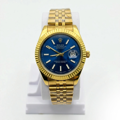 Luxury Gold Tone Date Display Watch Fluted Bezel Jubilee Style Bracelet Blue Green Black Dial Elegant Men’s Wristwatch (Rolex-Inspired Design)