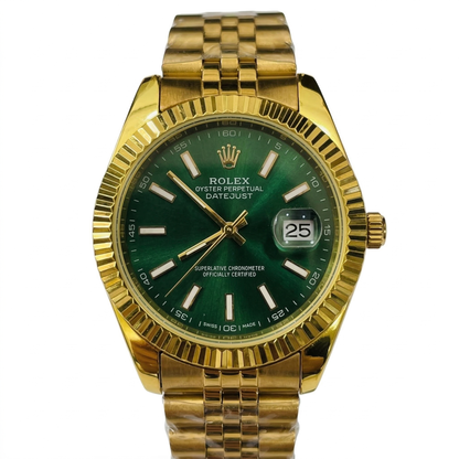 Luxury Gold Tone Date Display Watch Fluted Bezel Jubilee Style Bracelet Blue Green Black Dial Elegant Men’s Wristwatch (Rolex-Inspired Design)