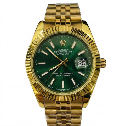 Luxury Gold Tone Date Display Watch Fluted Bezel Jubilee Style Bracelet Blue Green Black Dial Elegant Men’s Wristwatch (Rolex-Inspired Design)