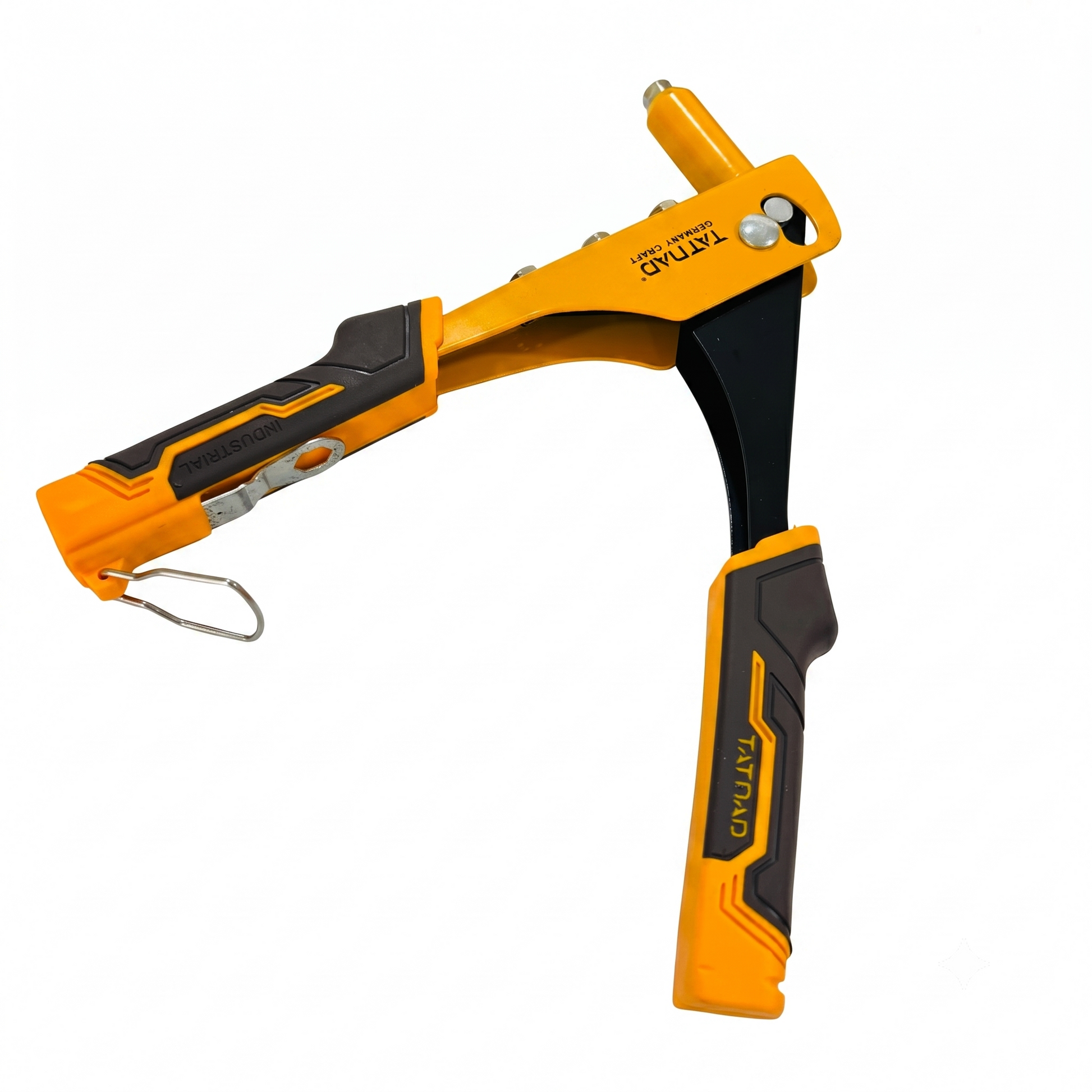 A yellow and black TAT-MAID self-adhesive nail gun with a metal keychain attachment, shown on a plain white background.