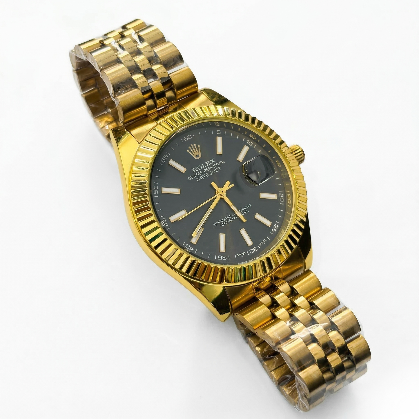 Luxury Gold Tone Date Display Watch Fluted Bezel Jubilee Style Bracelet Blue Green Black Dial Elegant Men’s Wristwatch (Rolex-Inspired Design)