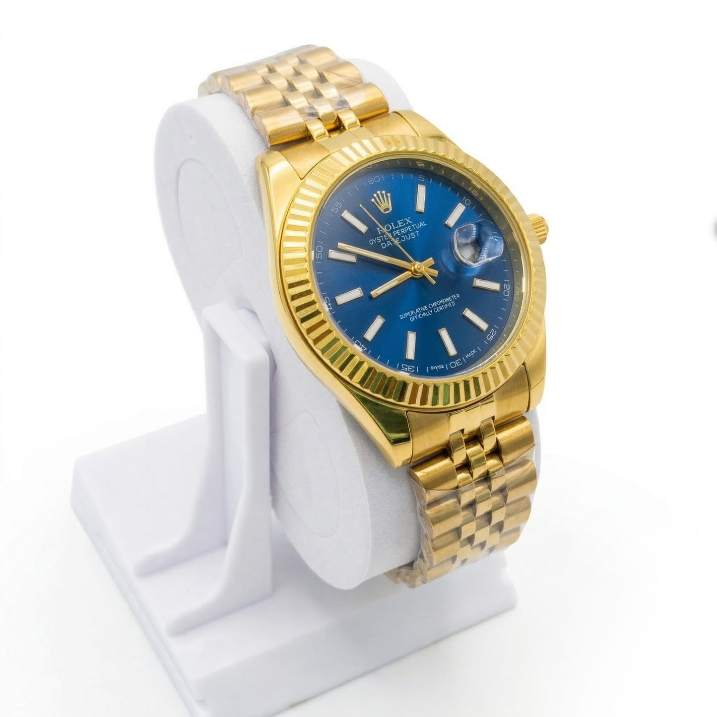 Luxury Gold Tone Date Display Watch Fluted Bezel Jubilee Style Bracelet Blue Green Black Dial Elegant Men’s Wristwatch (Rolex-Inspired Design)