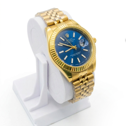Luxury Gold Tone Date Display Watch Fluted Bezel Jubilee Style Bracelet Blue Green Black Dial Elegant Men’s Wristwatch (Rolex-Inspired Design)