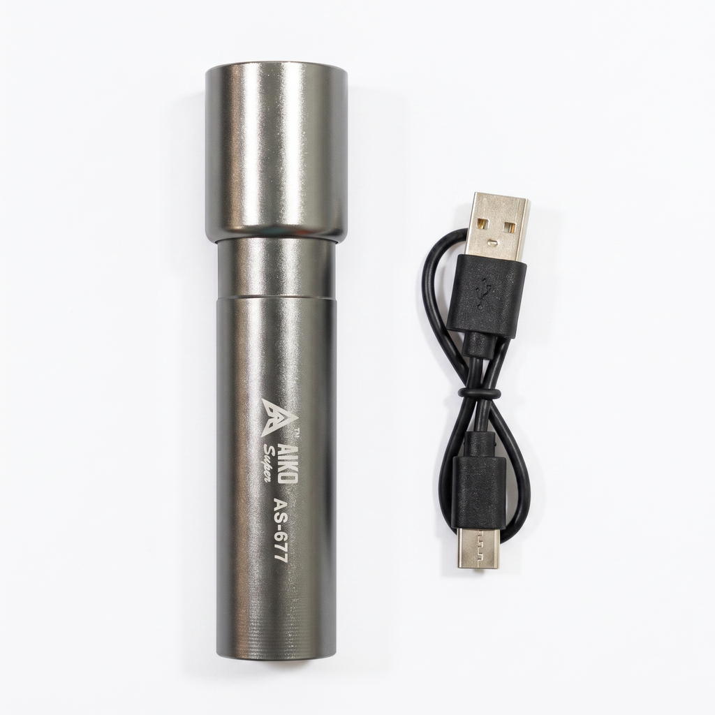 3W Aiko As 677 Steel Pocket Torch Portable COB LED Flashlight Metal USB Rechargeable Camping Lantern Zoomable Focus Torch Light Lamp Night Lights
