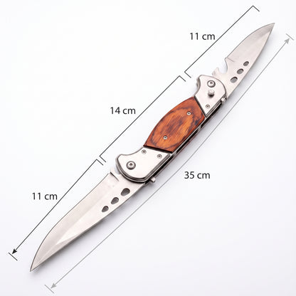 Switch Knife Double-Edged Tactical Folding Pocket Knife Stainless Steel Dual Blade with Wooden Inlay Handle