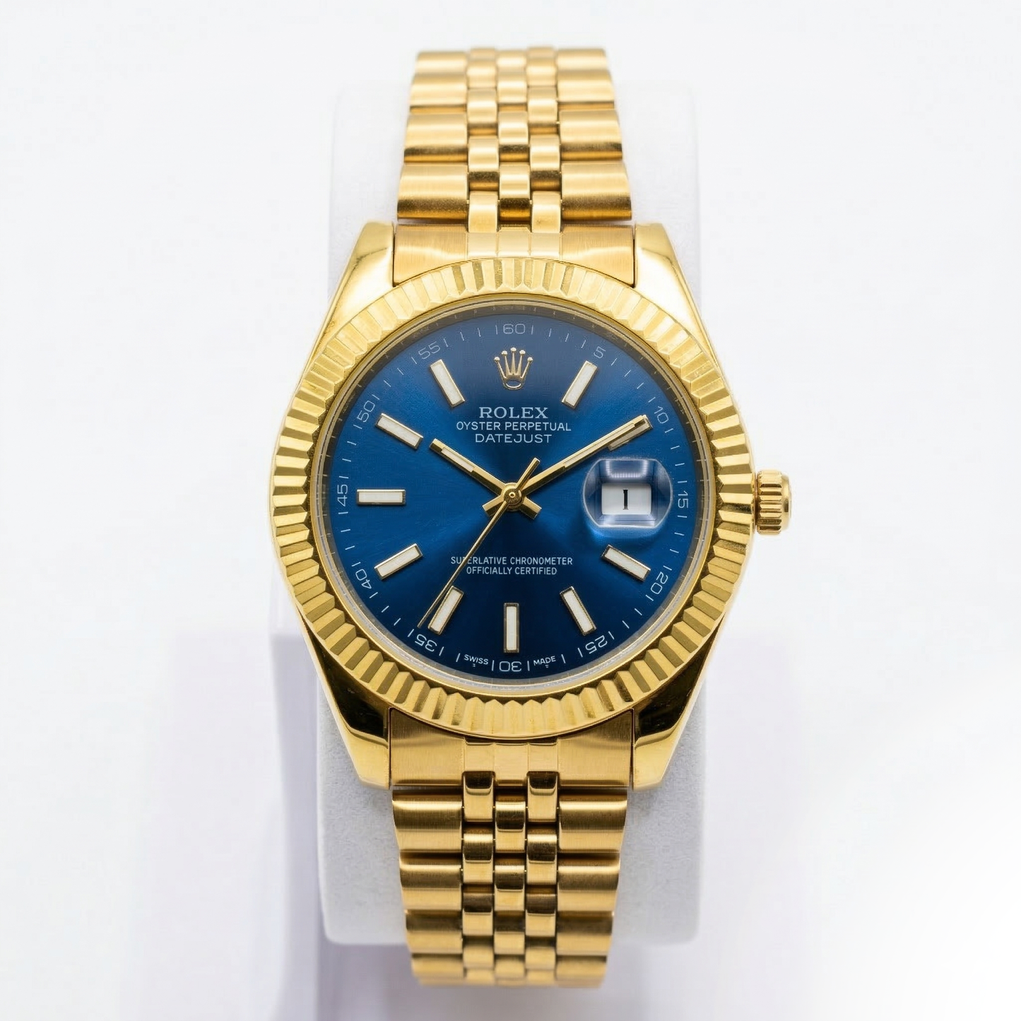 Luxury Gold Tone Date Display Watch Fluted Bezel Jubilee Style Bracelet Blue Green Black Dial Elegant Men’s Wristwatch (Rolex-Inspired Design)