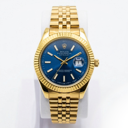 Luxury Gold Tone Date Display Watch Fluted Bezel Jubilee Style Bracelet Blue Green Black Dial Elegant Men’s Wristwatch (Rolex-Inspired Design)