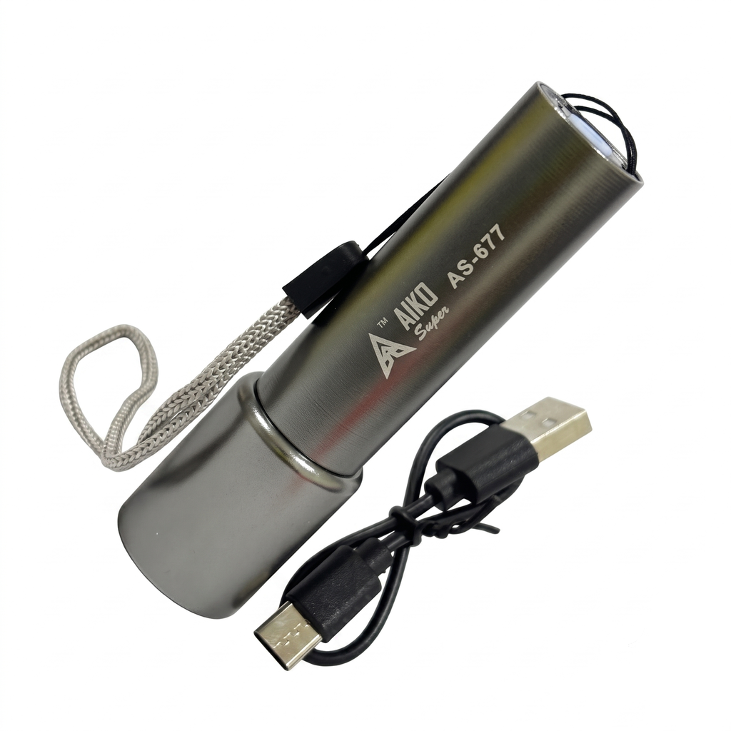 3W Aiko As 677 Steel Pocket Torch Portable COB LED Flashlight Metal USB Rechargeable Camping Lantern Zoomable Focus Torch Light Lamp Night Lights