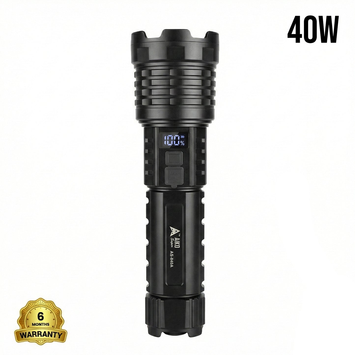 Black flashlight with digital display on a white background, featuring a warranty badge.