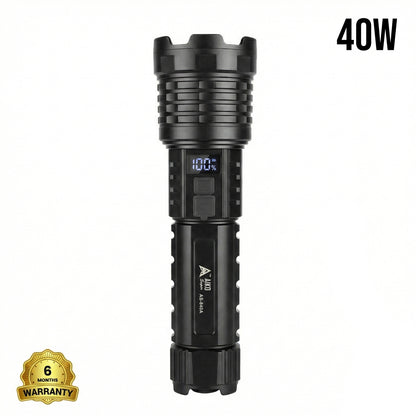 Black flashlight with digital display on a white background, featuring a warranty badge.