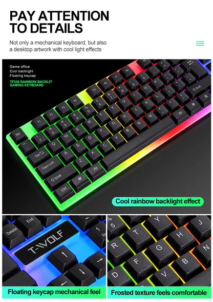 T Wolf TF 230 Gaming Keyboard Keyboard Mouse Combo Pack Clavier Souris Gaming 104keys LED Backlit 3D rainbow Combos for Laptop Pc