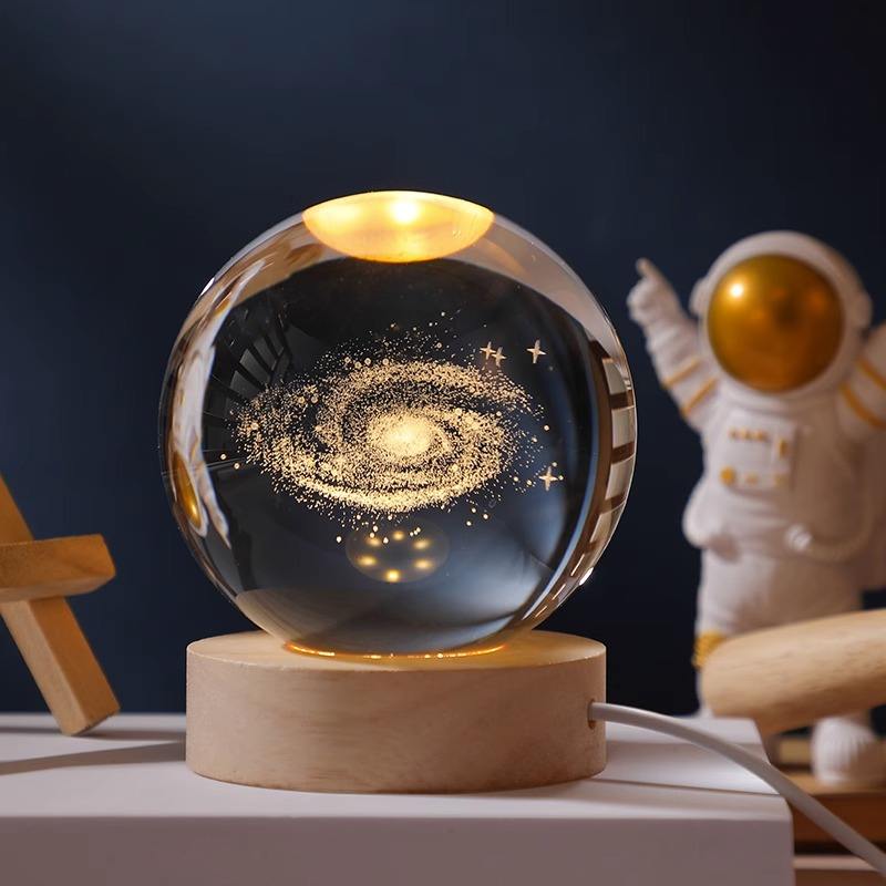 3D Crystal Ball Glass LED Night Lamp | 8cm Decorative Light with 3D Engraved Art for Bedroom or Desk
