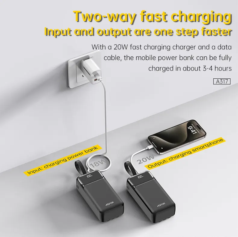 Aspor A316 20000mAh Power Bank PD 22.5W Fast Charging Portable External Phone Charger