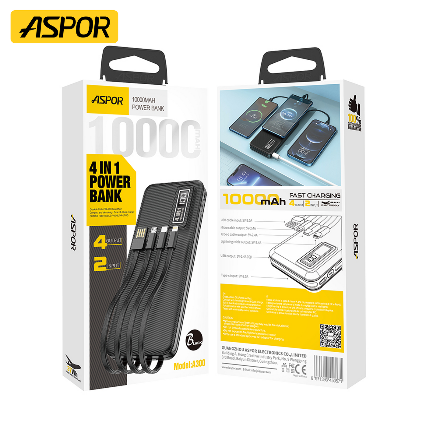 Aspor A300 Portable 10000mAh Power Bank Charger 4 In 1 Built-in Cables Fast Charging Power Bank for Phone