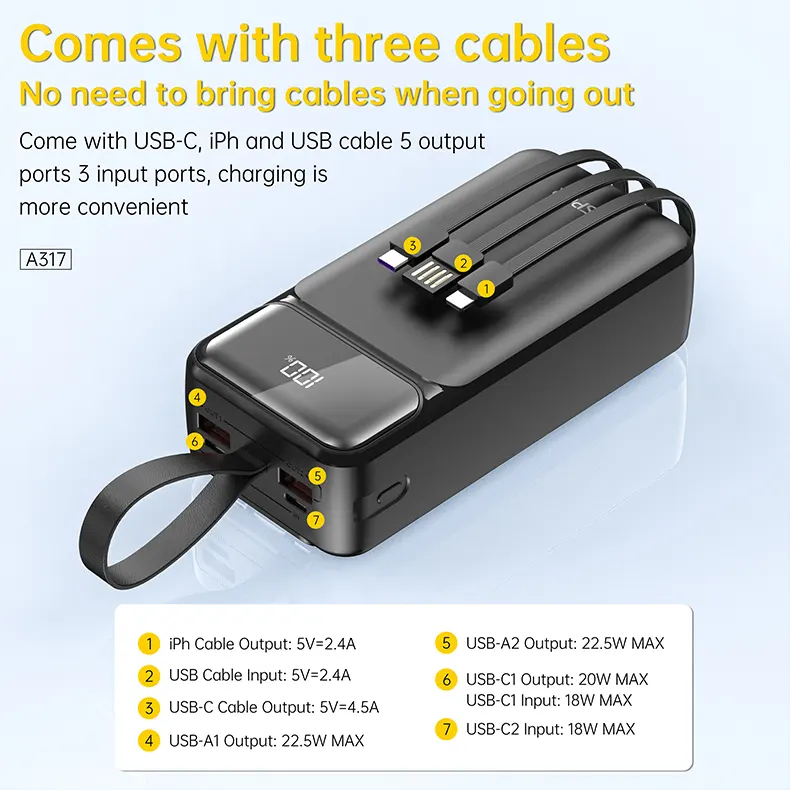 Aspor A316 20000mAh Power Bank PD 22.5W Fast Charging Portable External Phone Charger