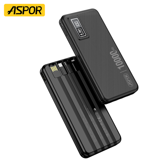 Aspor A300 Portable 10000mAh Power Bank Charger 4 In 1 Built-in Cables Fast Charging Power Bank for Phone