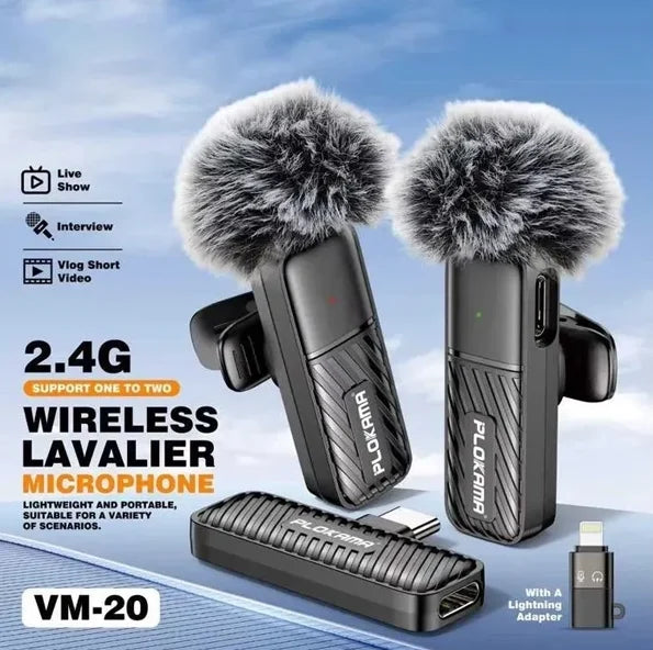 Plokama Type C & Lightning VM-20 2.4G Wireless Lavalier Microphone for Mobile & Camera for Vlogging, Interviews & YouTube Mic with Lightning Adapter