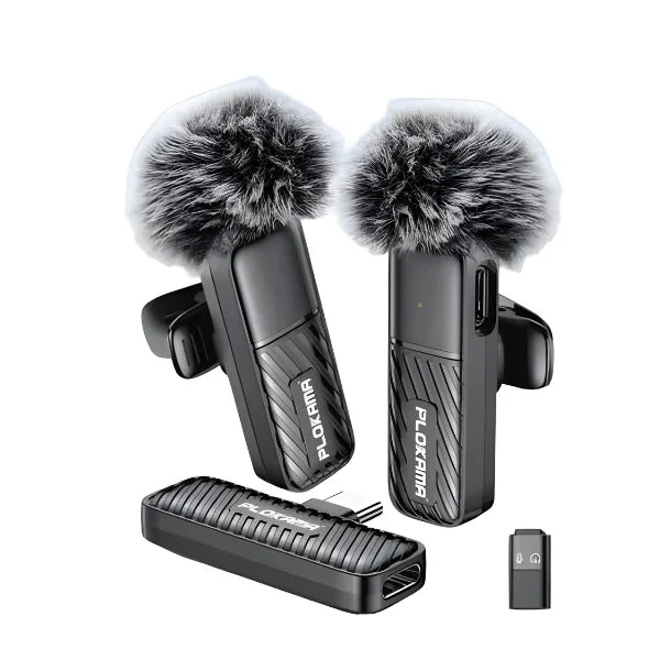 Set of podcast recording equipment with windshields and charging cable on a white background