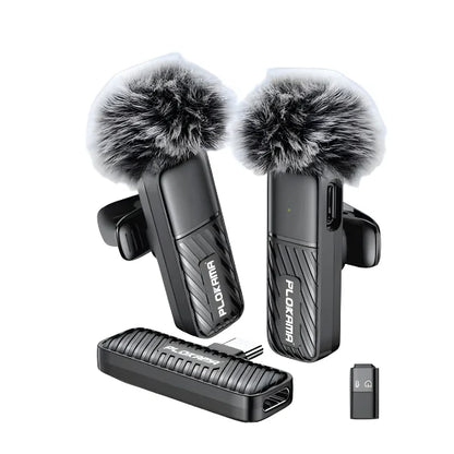 Set of podcast recording equipment with windshields and charging cable on a white background