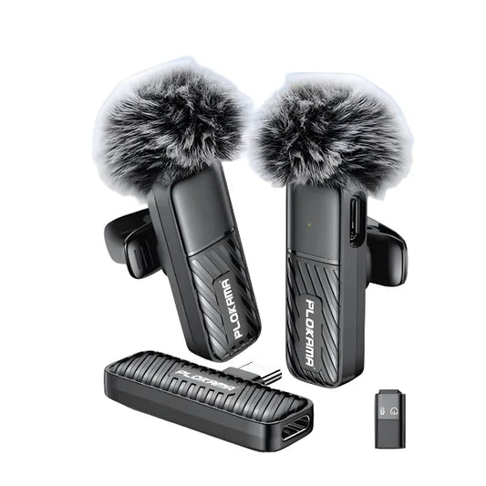 Set of podcast recording equipment with windshields and charging cable on a white background