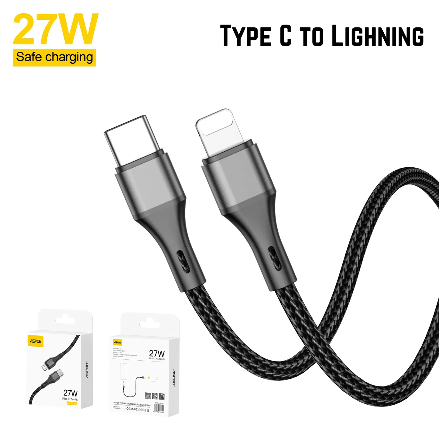 27W Fast Charging Cable USB-C to Lightning Nylon Braided Cable Data Transmission C to Lightning Cable