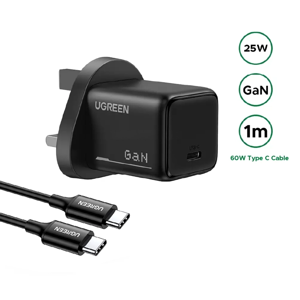 UGREEN GaN 60W USB-C wall charger with a UK three-pin plug and a 60W Type-C cable, shown on a white background with 25W, GaN, and 1m badges.