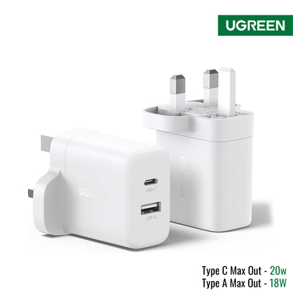 UGREEN white UK three-pin wall charger adapter shown from front and back angles on a white background, with UGREEN logo in the top right and product specs in the bottom right.