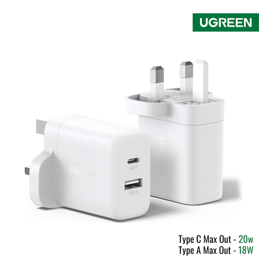UGREEN white UK three-pin wall charger adapter shown from front and back angles on a white background, with UGREEN logo in the top right and product specs in the bottom right.