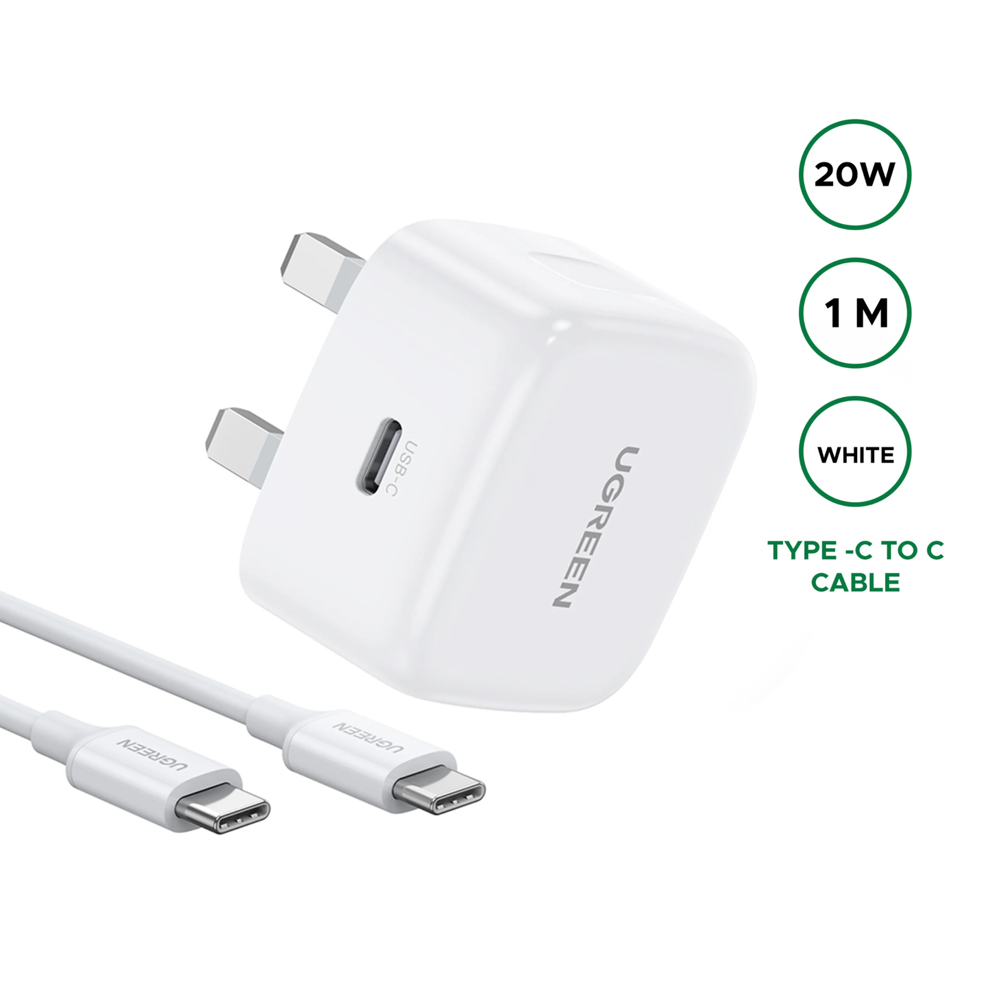 UGREEN 20W Charger with C to C Cable Type-C Fast Charger Set With Type-C to Type-C 1 Meter Cable CD137 – 45438 – 1 Year Warranty