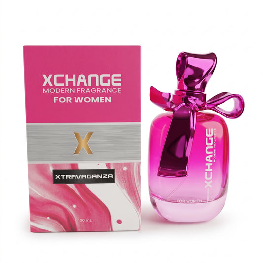 Xchange Xtravaganza Modern Fragrance for Women, featuring a vibrant pink glass bottle with a glossy magenta bow and a matching pink and silver retail box.