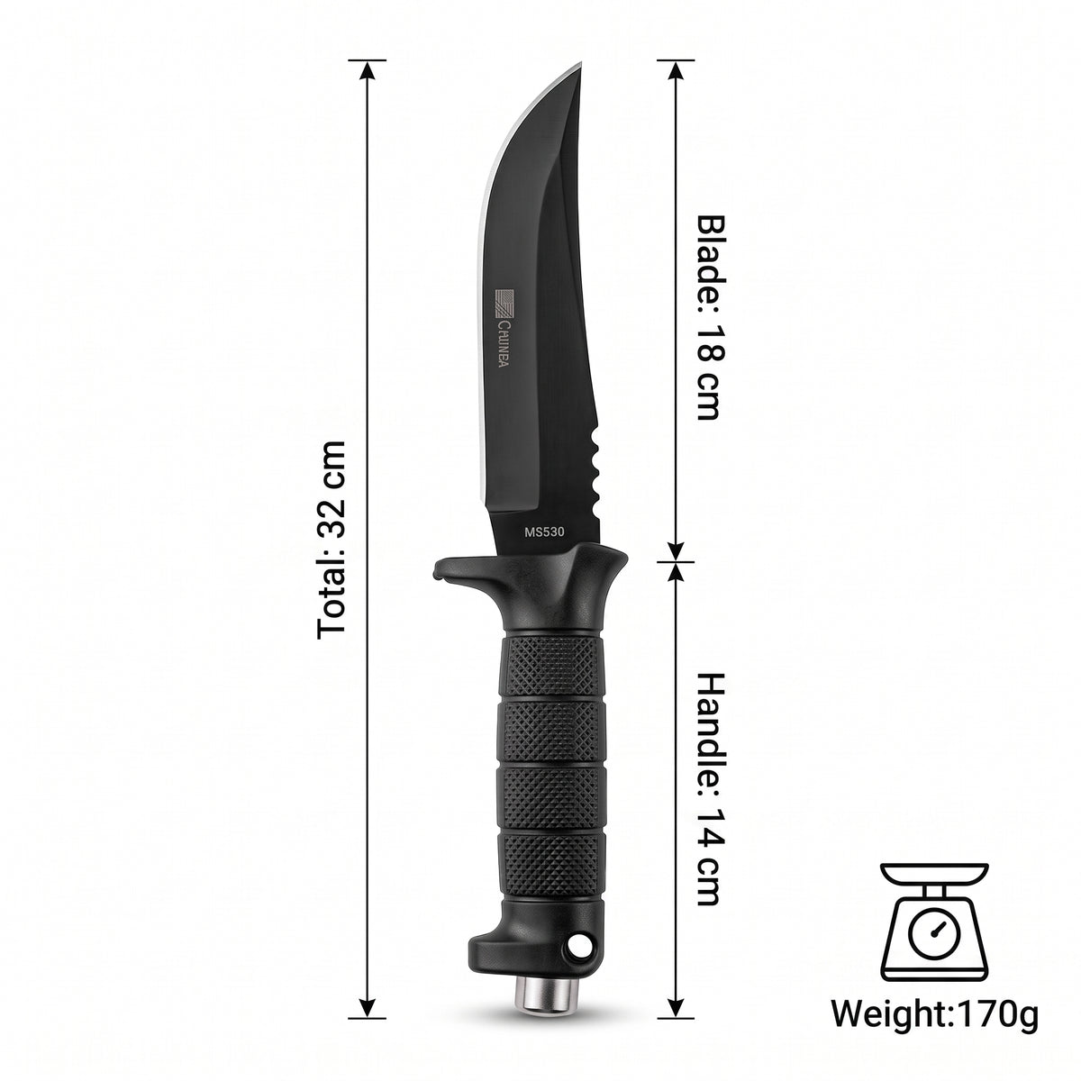 Heavy-Duty Tactical Fixed Blade Hunting Knife with Glass Breaker 32 cm Camping Knife