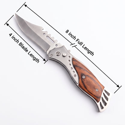 Classic Wood Grain Folding Pocket Knife Stainless Steel Clip-Point Blade for EDC, Camping & Outdoor Survival