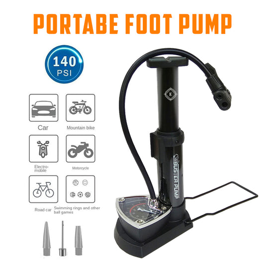 140PSI High Pressure Foot Pump with Gauge – Portable Mini Floor Pump for Bicycle, Car, and Ball