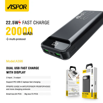 Aspor 20000mAh Power Bank A396