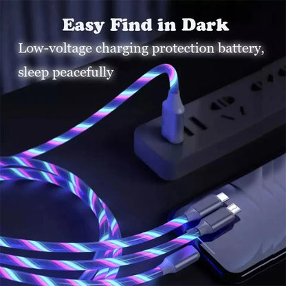 3 in 1 LED Glowing Fast Charging Cable 3A USB to Micro, Type-C & iPhone Charger