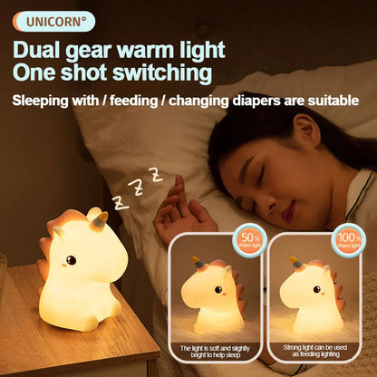 Unicorn Cute Silicone LED Night Light for Kids Children USB Rechargeable Cartoon Animal Bedroom Decor Touch Night Lamp Gift