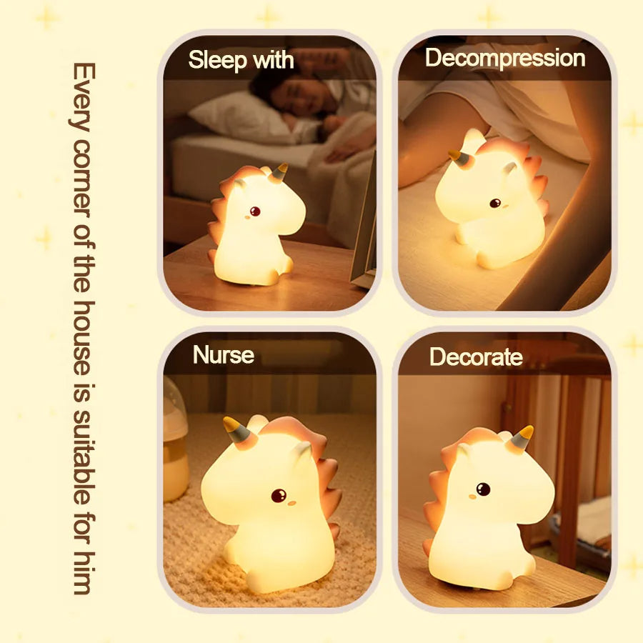 Unicorn Cute Silicone LED Night Light for Kids Children USB Rechargeable Cartoon Animal Bedroom Decor Touch Night Lamp Gift