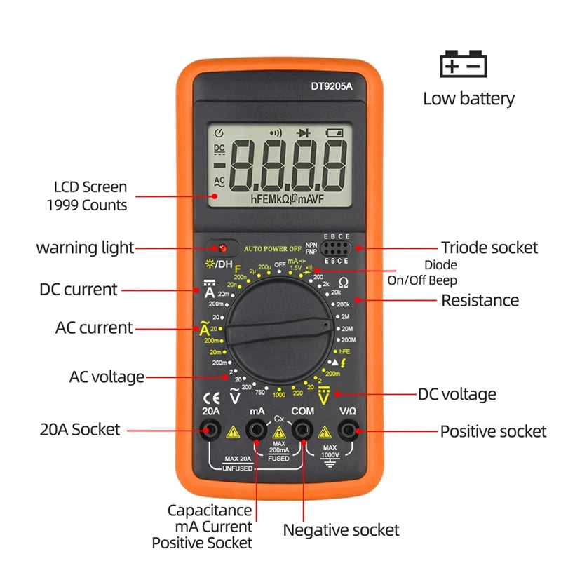 Digital Multimeter DT-9205A Manual Range AC/DC Voltage Current Ohm Tester with Continuity & Diode Test