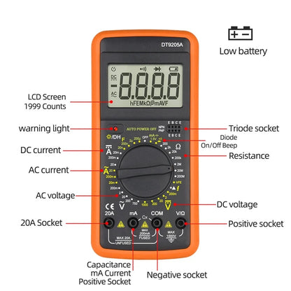 Digital Multimeter DT-9205A Manual Range AC/DC Voltage Current Ohm Tester with Continuity & Diode Test