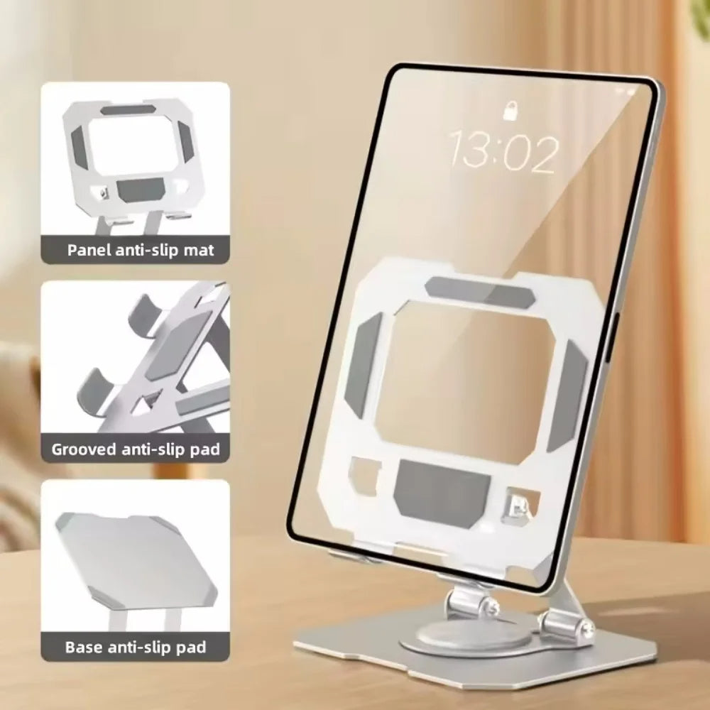 360° Rotating Metal Hollow Tablet Desktop Holder – Adjustable Folding Stand for iPad, Xiaomi, and Smartphones