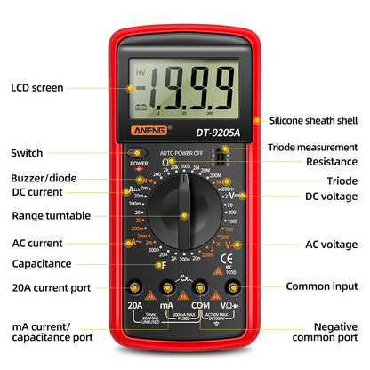 Digital Multimeter DT-9205A Manual Range AC/DC Voltage Current Ohm Tester with Continuity & Diode Test