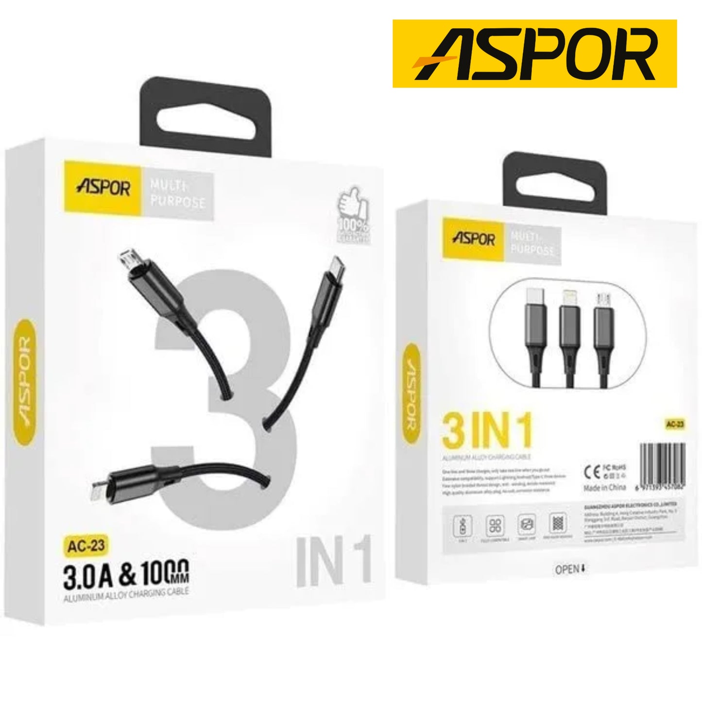 ASPOR AC-23 3 in 1 Charger Cable Aluminum Alloy 3A Micro USB / Type-C / Lightning Fast Charging Cable - 1 Meter