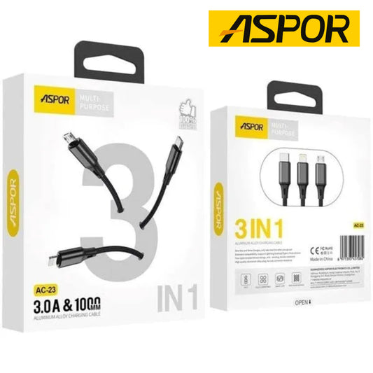 ASPOR AC-23 3 in 1 Charger Cable Aluminum Alloy 3A Micro USB / Type-C / Lightning Fast Charging Cable - 1 Meter